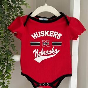 3-6 month baby girl Nebraska Huskers Onsie with ruffle sleeves